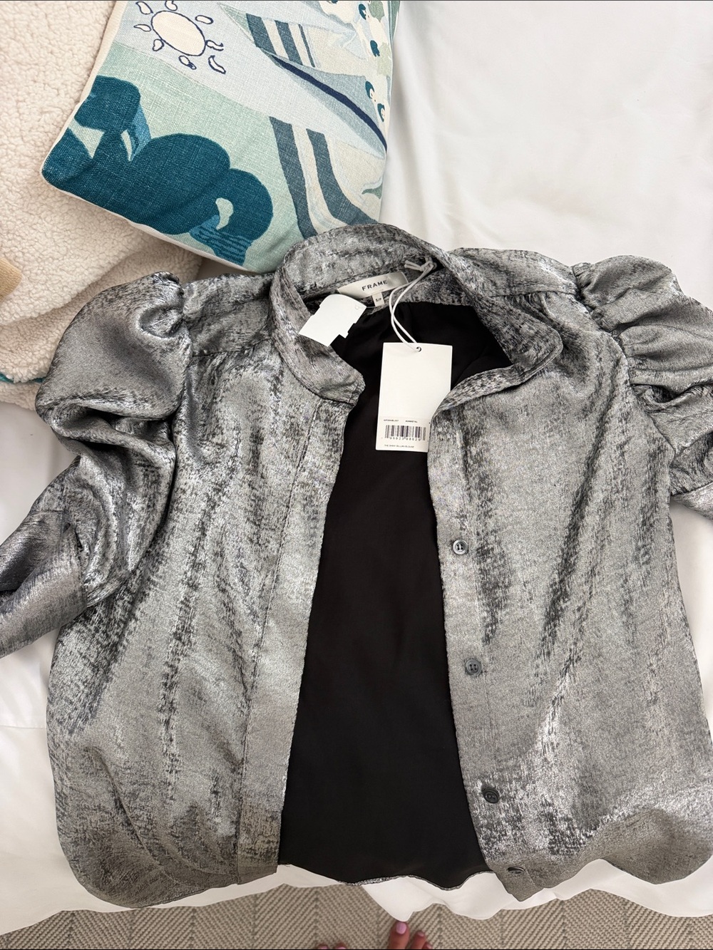 Frame Denim Silver Metallic Puff Sleeve Blouse